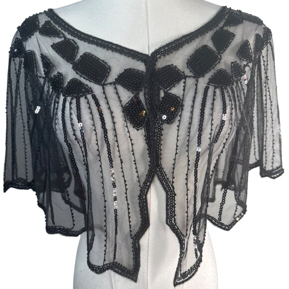 Black Sequin Mesh Geometric Shapes Cape Sheer Evening Wrap NWT - Picture 11 of 14